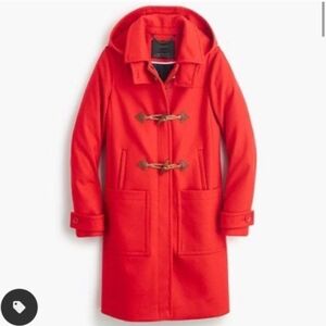 NWOT J. Crew Bright Melton Wool Red Hooded Toggle Coat